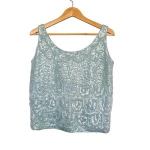 VINTAGE Blue Mermaid Glass Beaded Sequin Blue Top